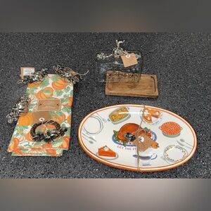 NWT MUD PIE Pumpkin/Fall Set (Napkins,Butter Dish,Napkins Rings/Tray/Dip) BUNDLE